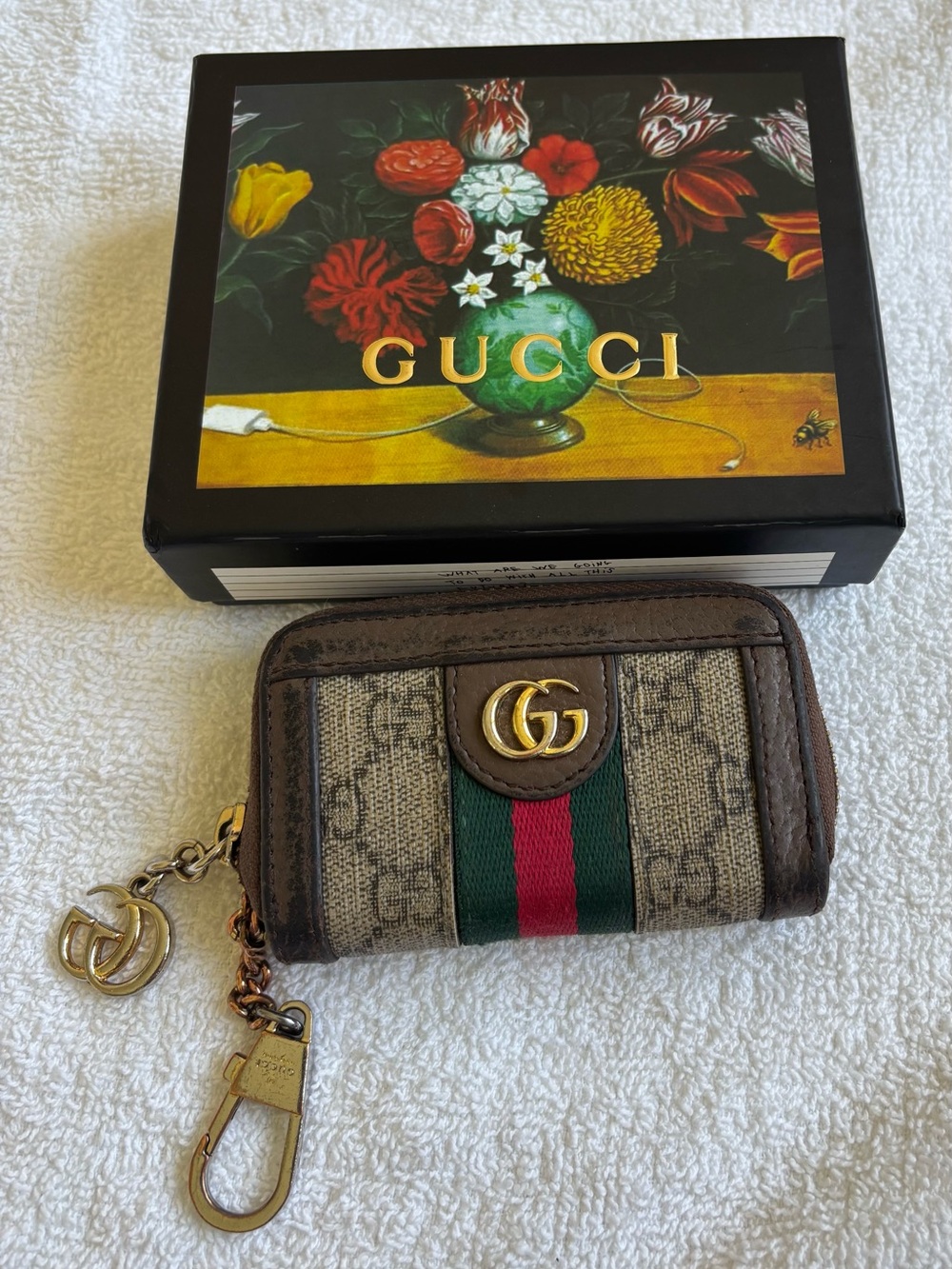 Gucci Brown GG Supreme Canvas Card & Key Pouch with Green-Red Web
